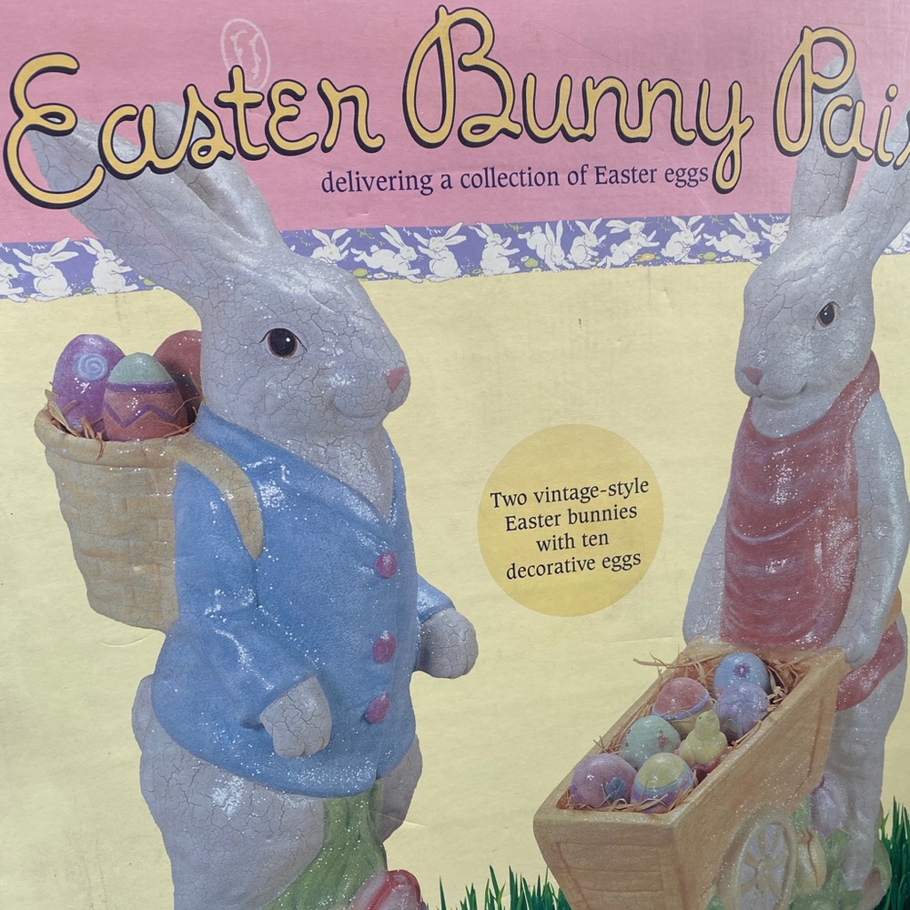 Vintage Costco 16" Easter Bunnies With 10 Eggs 1990's Crackle Look RARE